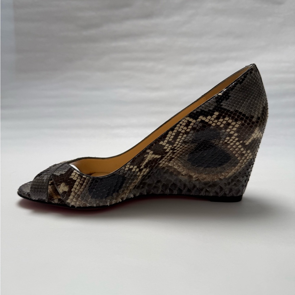 Louboutin Riveto 70 Snakeskin Peep Toe Wedge Shoes